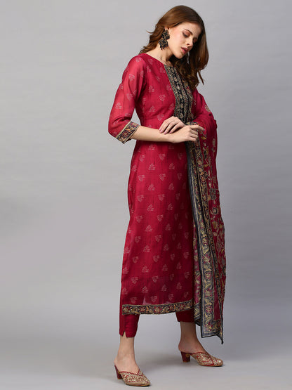 Kantha Hand Embroidered & Printed Kurta with Pants & Dupatta - Cherry Red