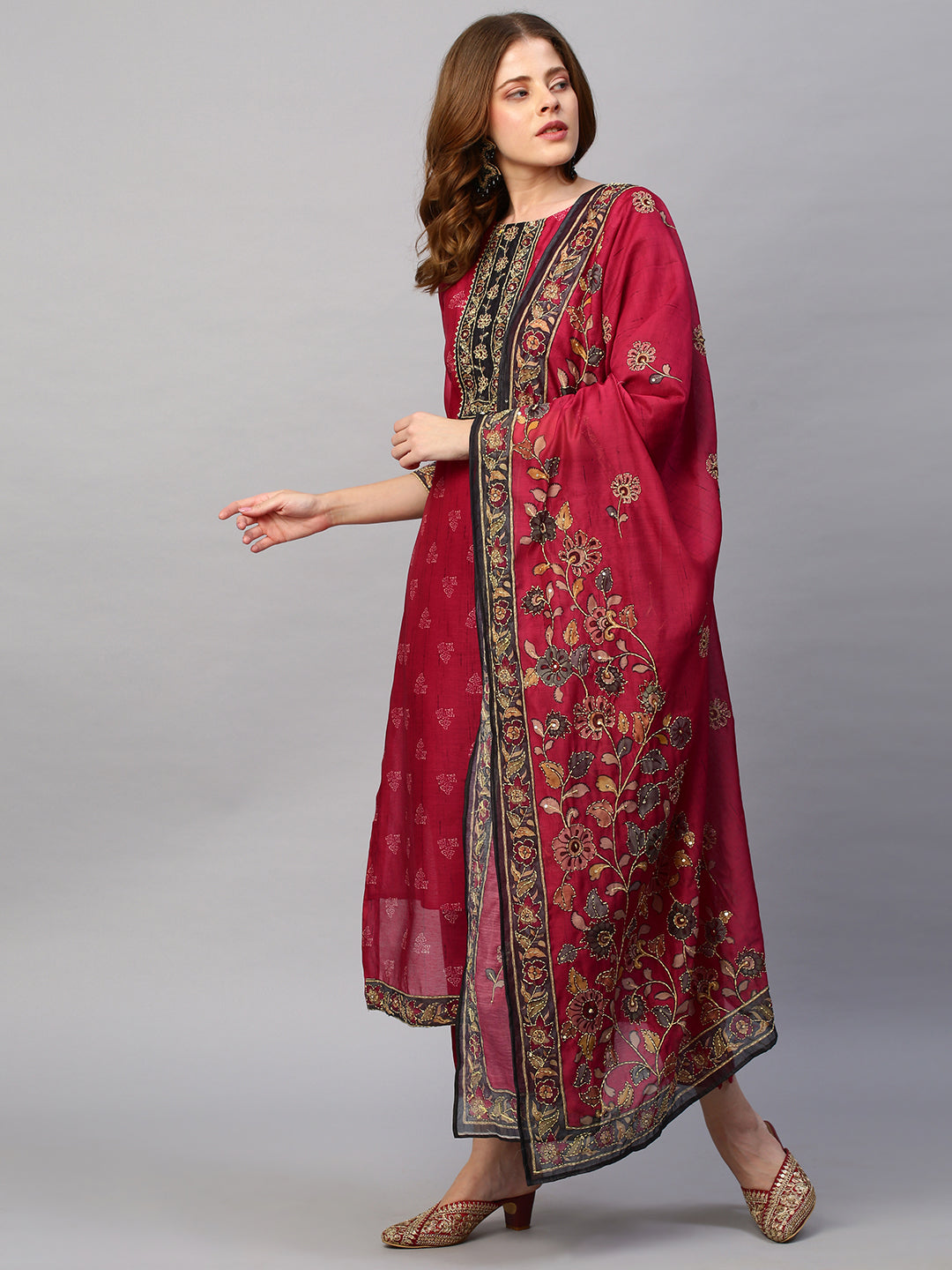 Kantha Hand Embroidered & Printed Kurta with Pants & Dupatta - Cherry Red