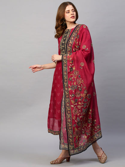 Kantha Hand Embroidered & Printed Kurta with Pants & Dupatta - Cherry Red