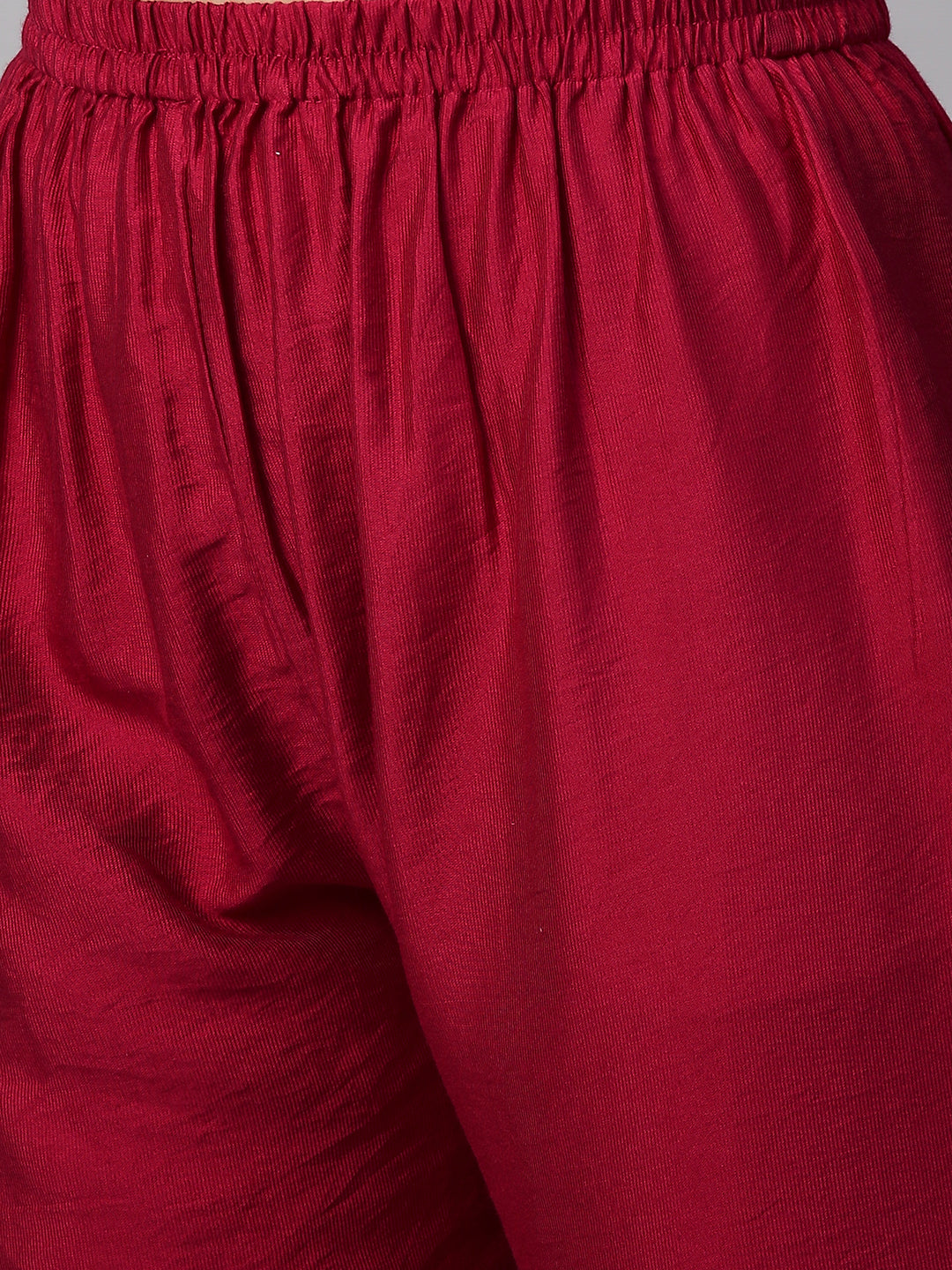 Kantha Hand Embroidered & Printed Kurta with Pants & Dupatta - Cherry Red