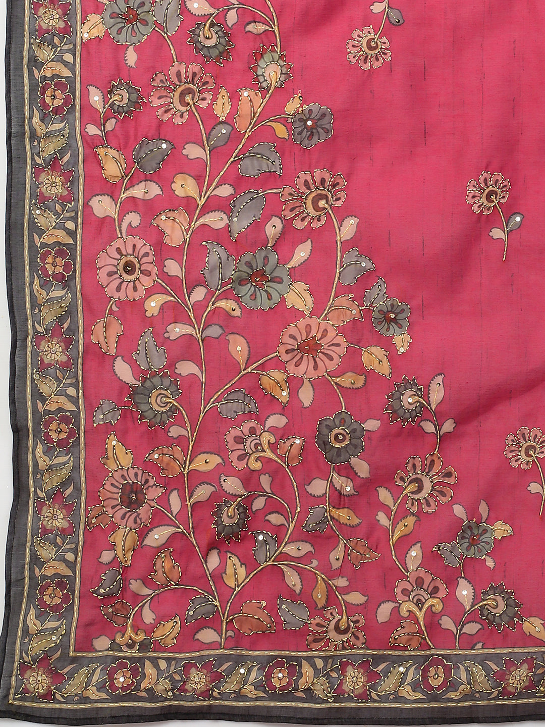 Kantha Hand Embroidered & Printed Kurta with Pants & Dupatta - Cherry Red