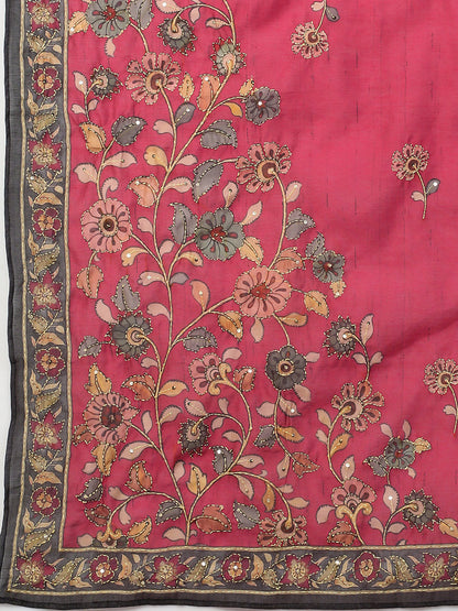 Kantha Hand Embroidered & Printed Kurta with Pants & Dupatta - Cherry Red