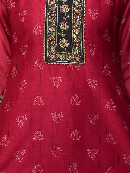Kantha Hand Embroidered & Printed Kurta with Pants & Dupatta - Cherry Red
