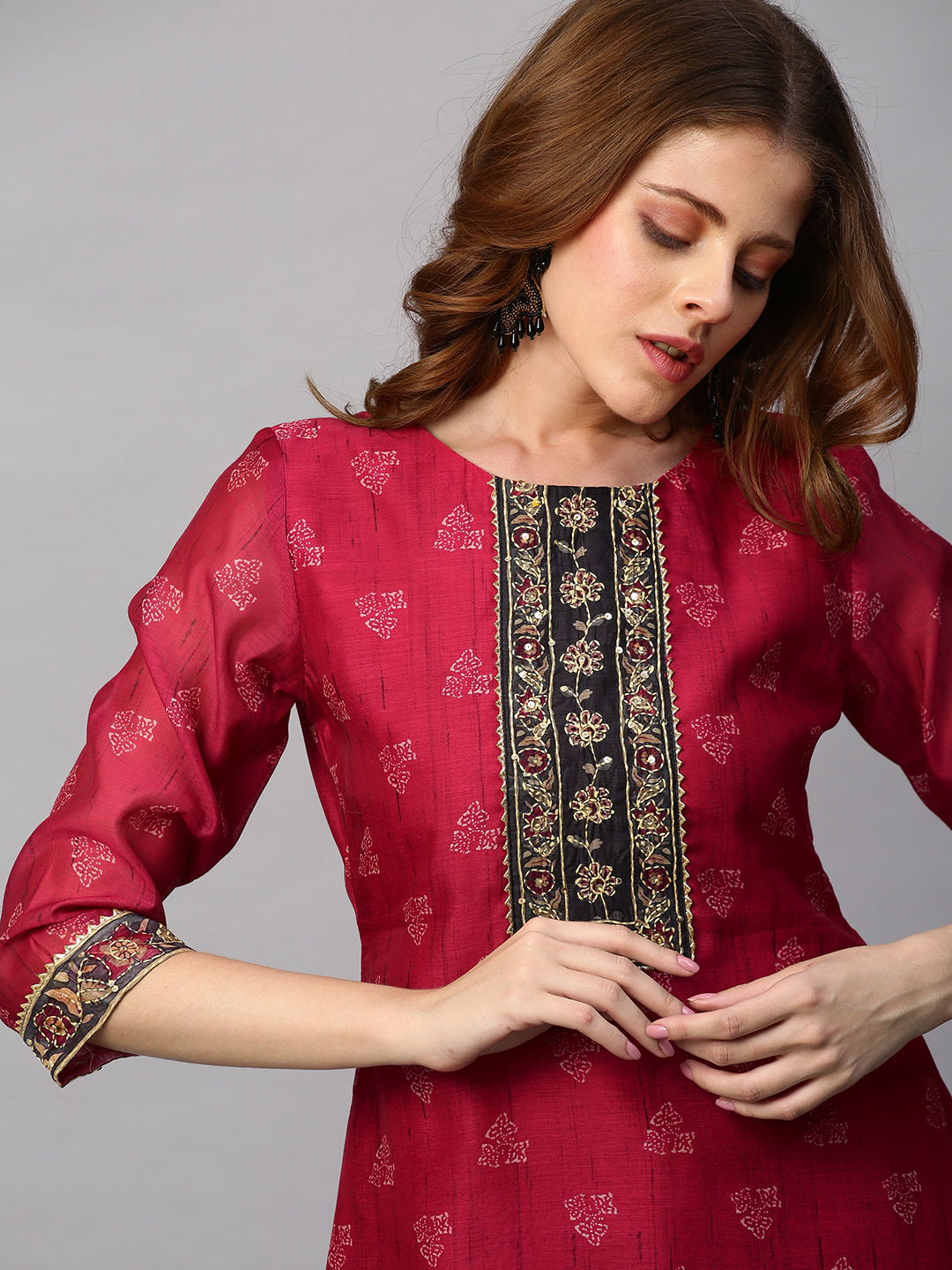 Kantha Hand Embroidered & Printed Kurta with Pants & Dupatta - Cherry Red