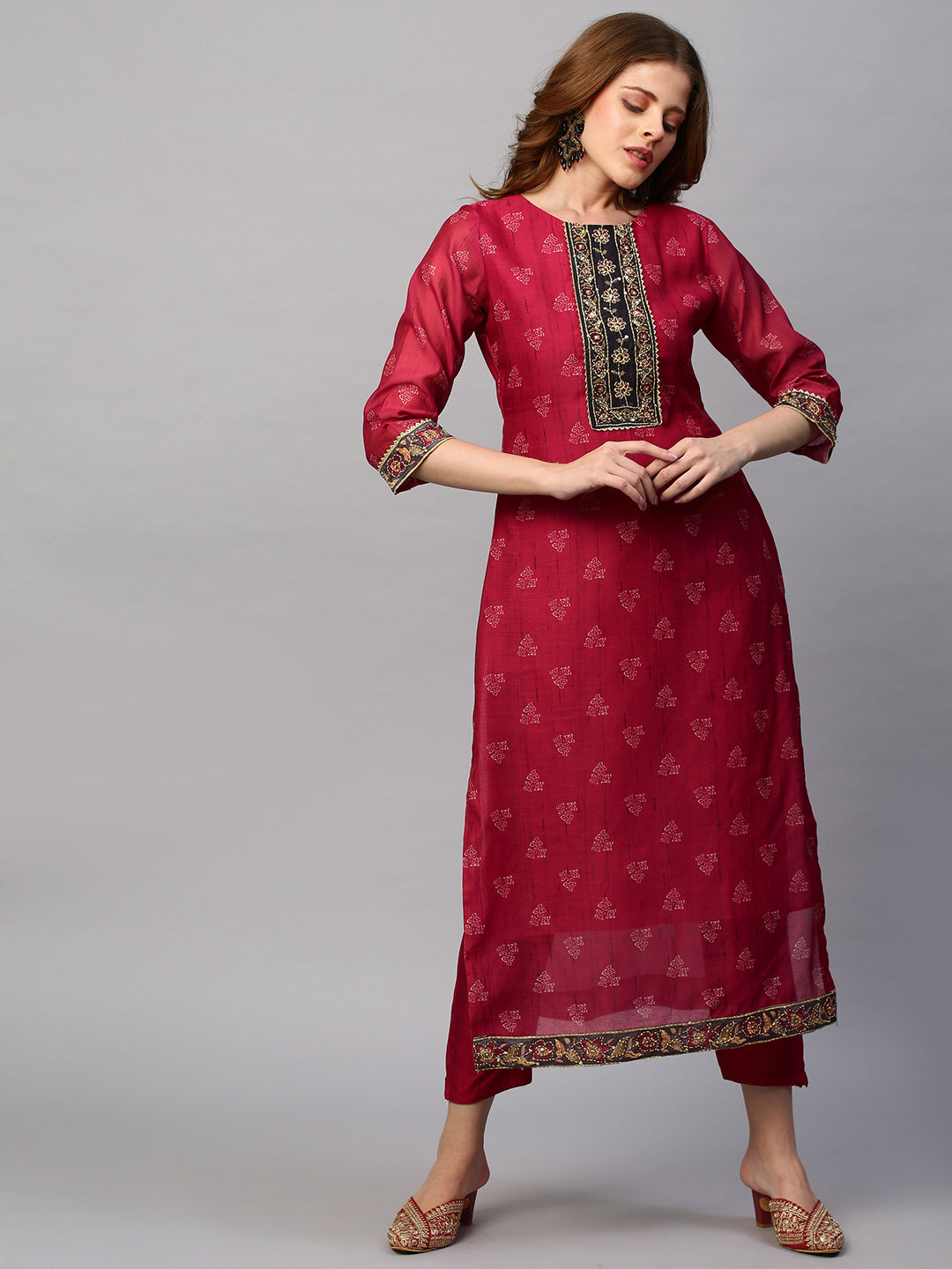 Kantha Hand Embroidered & Printed Kurta with Pants & Dupatta - Cherry Red