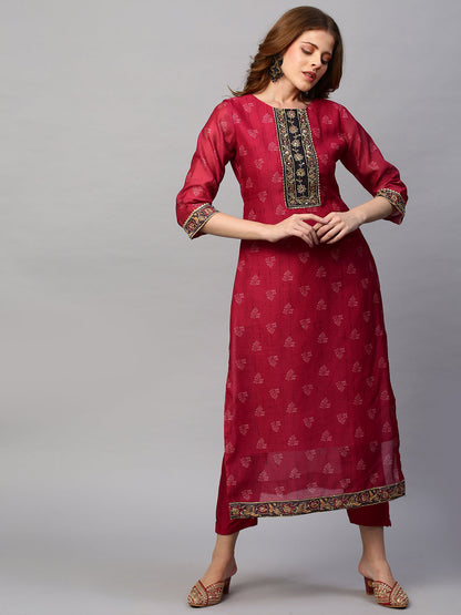 Kantha Hand Embroidered & Printed Kurta with Pants & Dupatta - Cherry Red