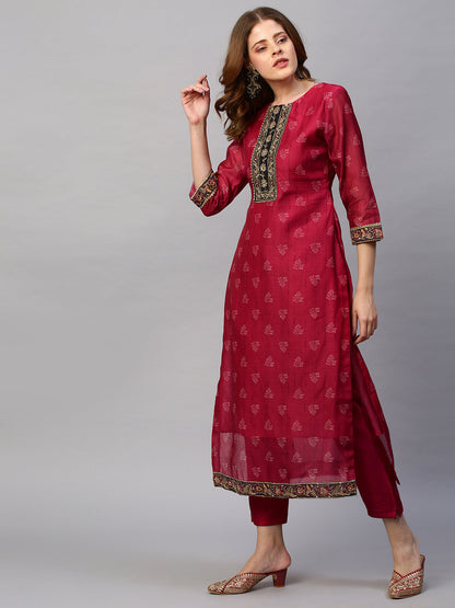 Kantha Hand Embroidered & Printed Kurta with Pants & Dupatta - Cherry Red