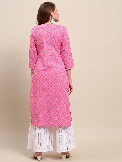 Floral Chikankari Embroidered Bandhani Printed Straight Fit Kurta - Pink
