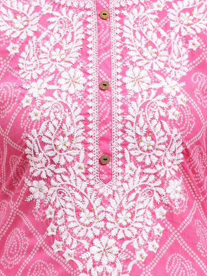 Floral Chikankari Embroidered Bandhani Printed Straight Fit Kurta - Pink