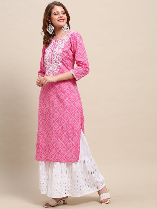 Floral Chikankari Embroidered Bandhani Printed Straight Fit Kurta - Pink