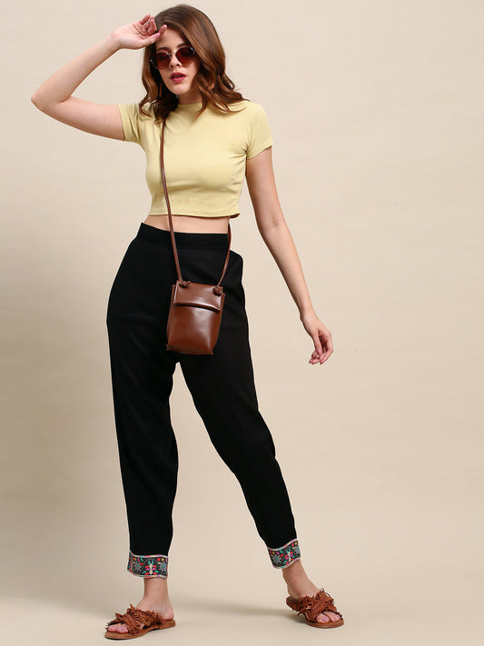 Solid Black Printed Border Ankle Pants - Black