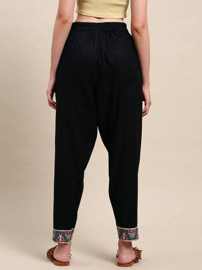 Solid Black Printed Border Ankle Pants - Black