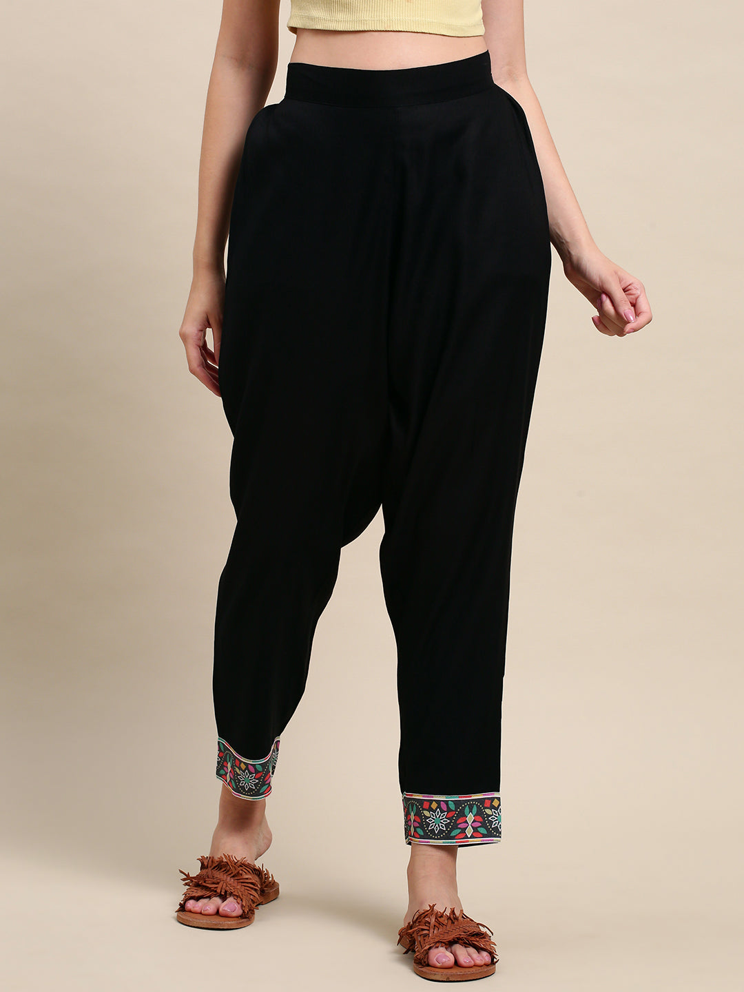 Solid Black Printed Border Ankle Pants - Black
