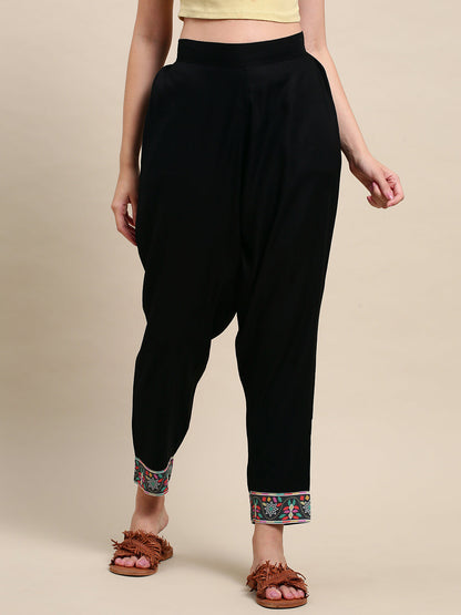 Solid Black Printed Border Ankle Pants - Black