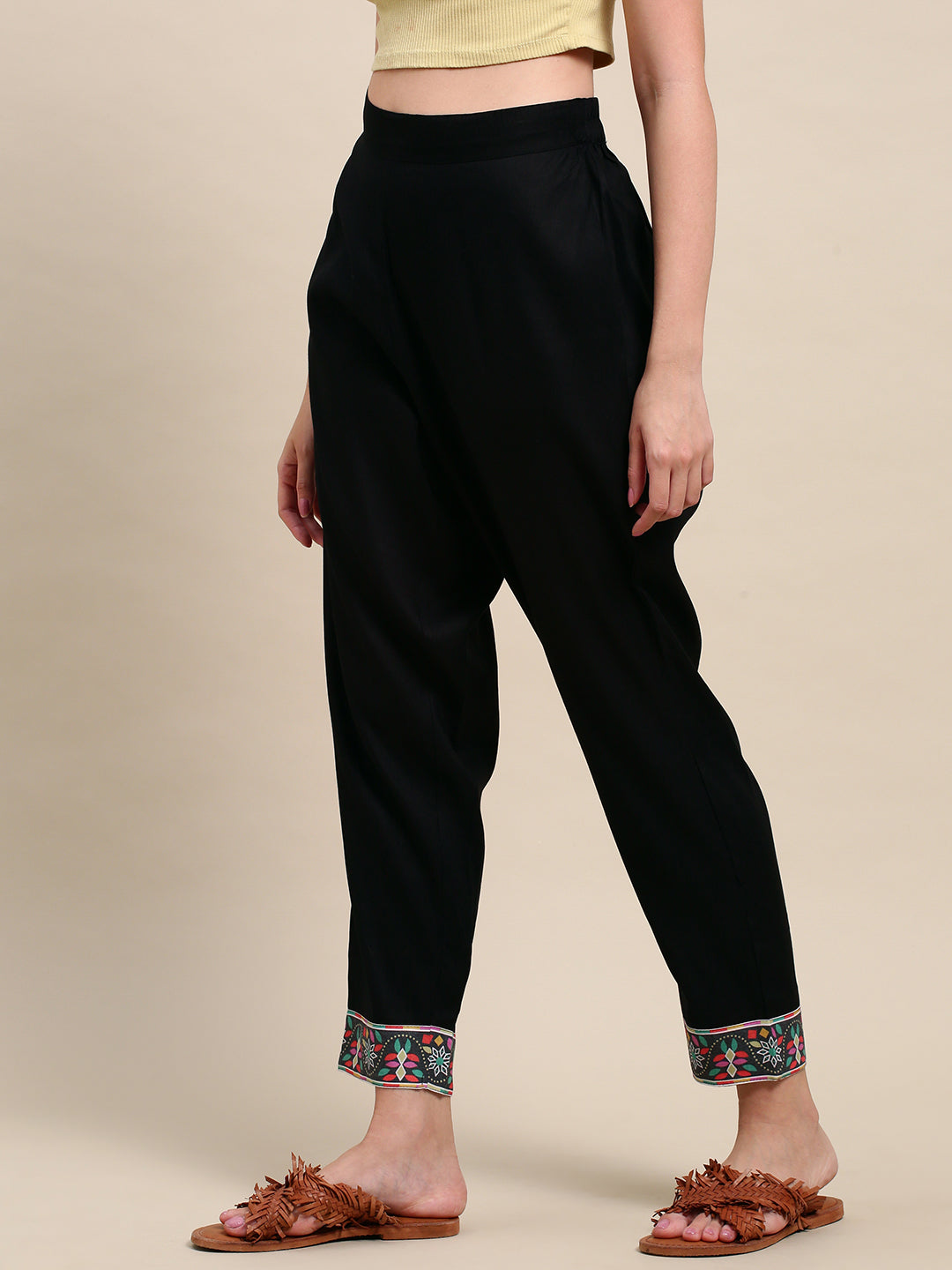 Solid Black Printed Border Ankle Pants - Black