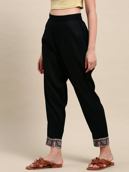Solid Black Printed Border Ankle Pants - Black