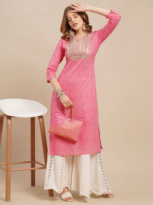 Bandhani Printed & Zari Embroidered Straight Fit Kurta - Pink