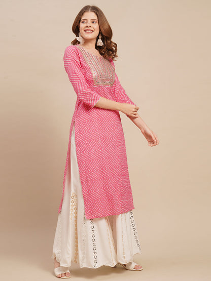 Bandhani Printed & Zari Embroidered Straight Fit Kurta - Pink