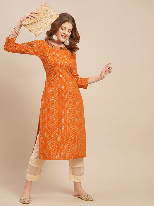 Bandhani Printed & Mirror Embroidered Straight Fit Kurta - Deep Yellow