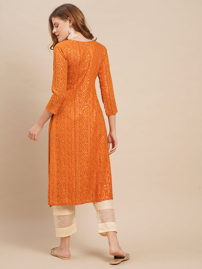 Bandhani Printed & Mirror Embroidered Straight Fit Kurta - Deep Yellow