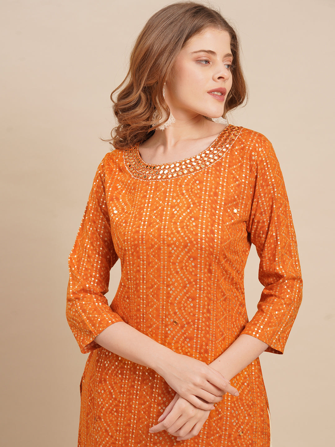 Bandhani Printed & Mirror Embroidered Straight Fit Kurta - Deep Yellow