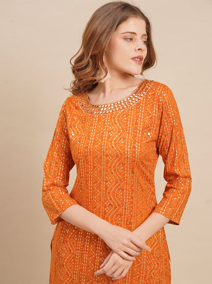 Bandhani Printed & Mirror Embroidered Straight Fit Kurta - Deep Yellow