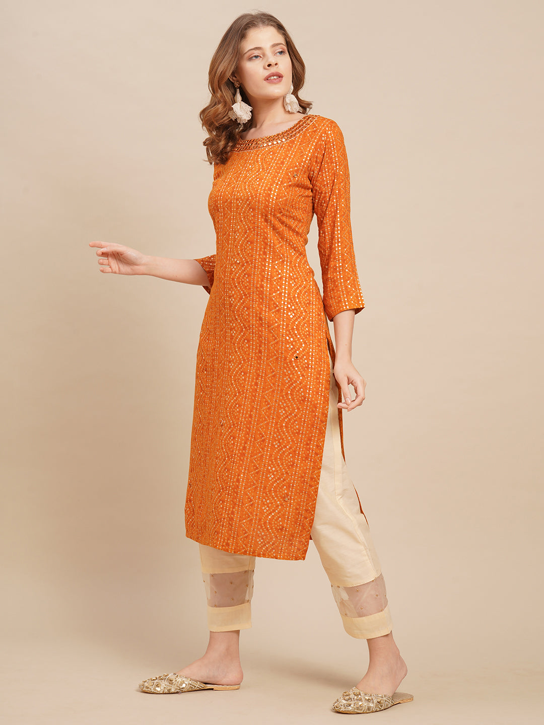 Bandhani Printed & Mirror Embroidered Straight Fit Kurta - Deep Yellow