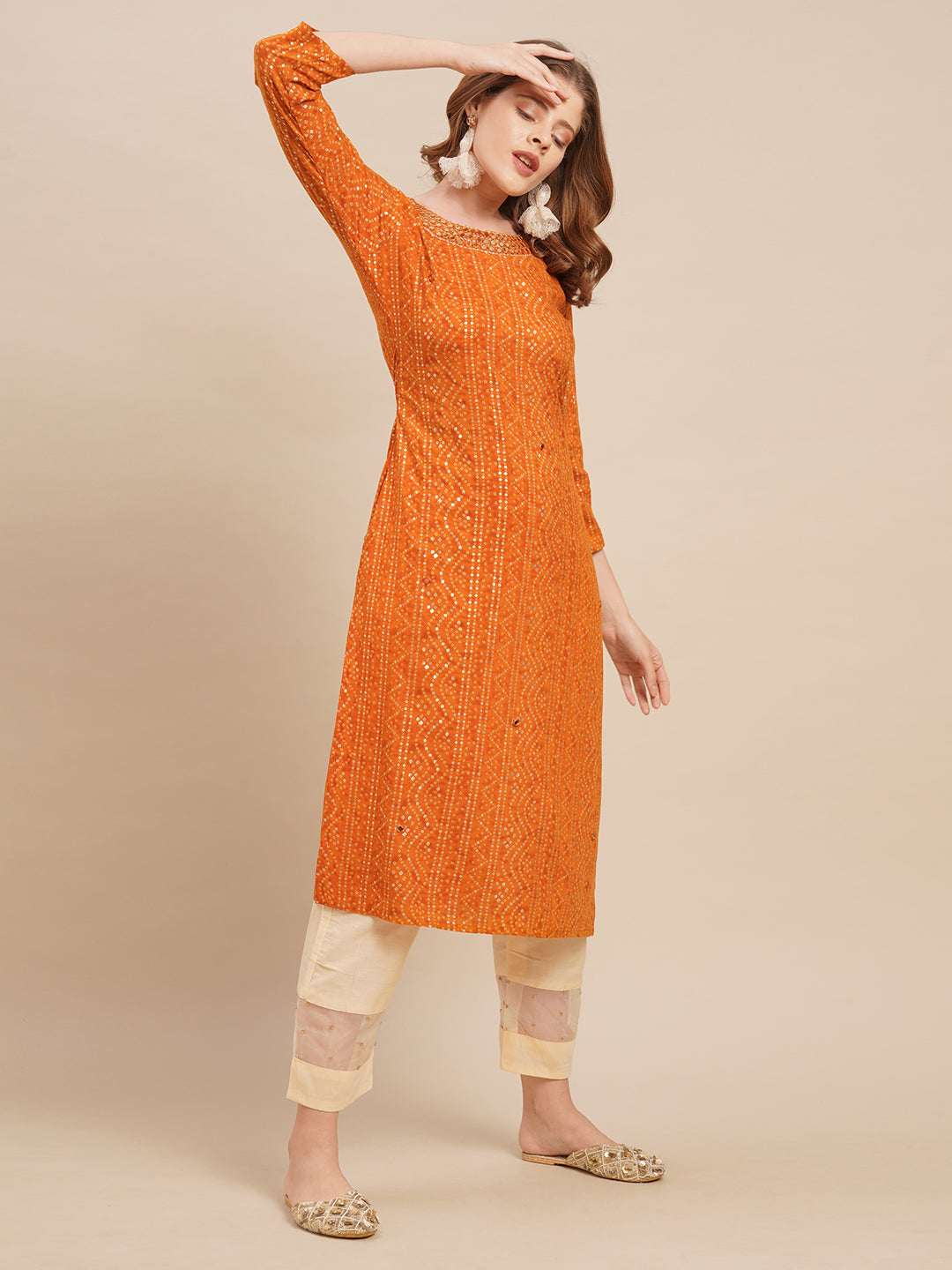 Bandhani Printed & Mirror Embroidered Straight Fit Kurta - Deep Yellow