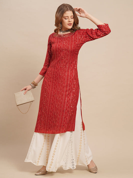 Bandhani Printed & Mirror Embroidered Straight Fit Kurta - Red