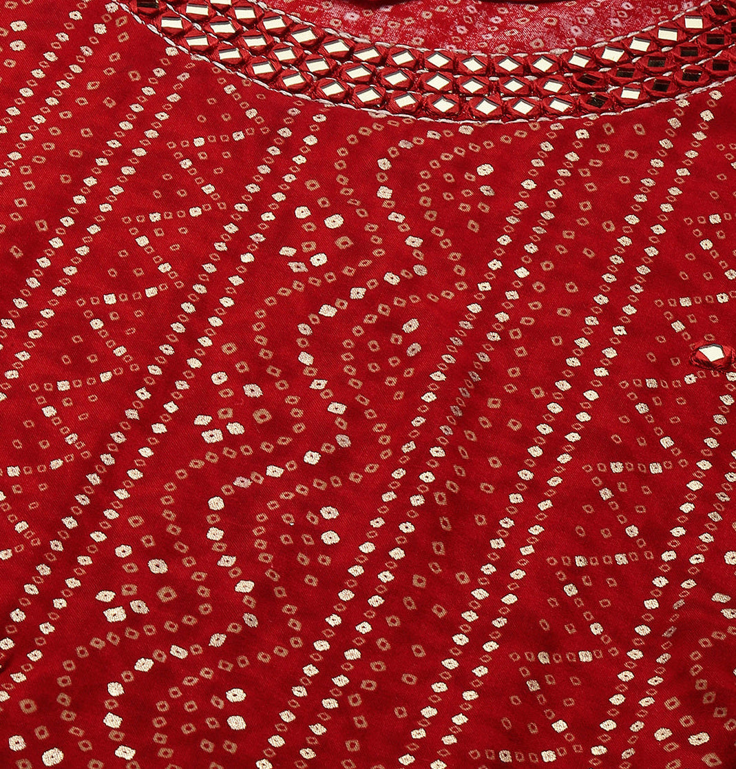 Bandhani Printed & Mirror Embroidered Straight Fit Kurta - Red