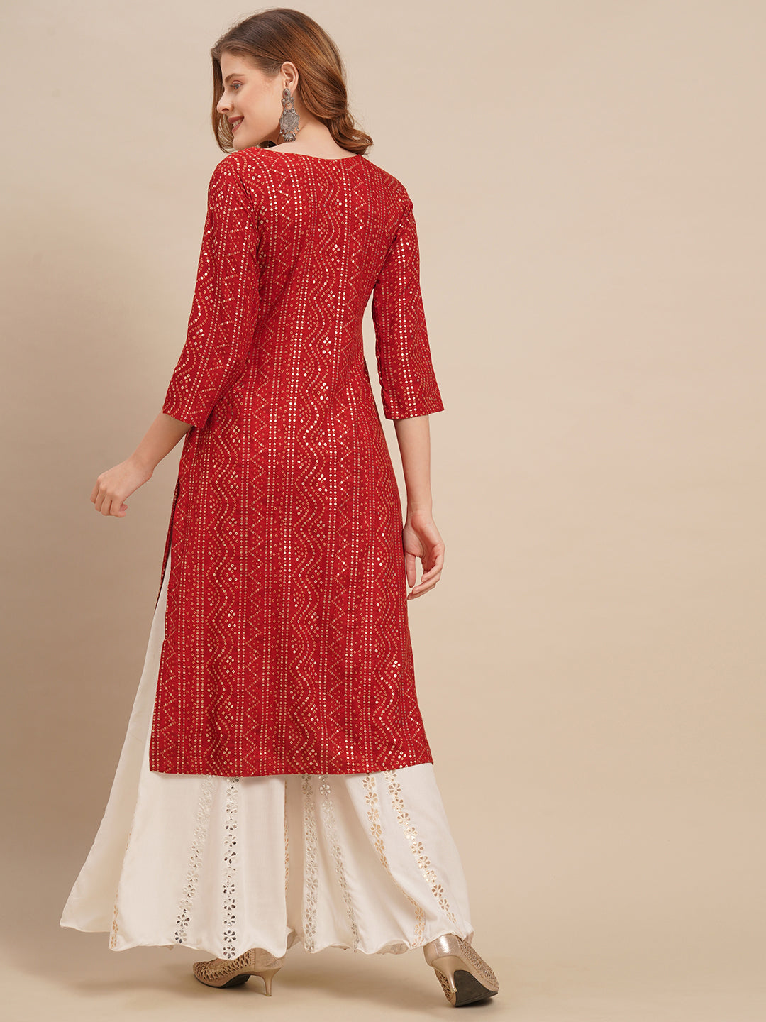 Bandhani Printed & Mirror Embroidered Straight Fit Kurta - Red