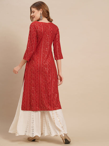 Bandhani Printed & Mirror Embroidered Straight Fit Kurta - Red