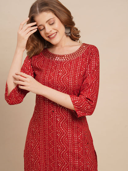 Bandhani Printed & Mirror Embroidered Straight Fit Kurta - Red