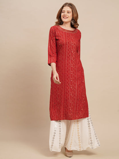 Bandhani Printed & Mirror Embroidered Straight Fit Kurta - Red