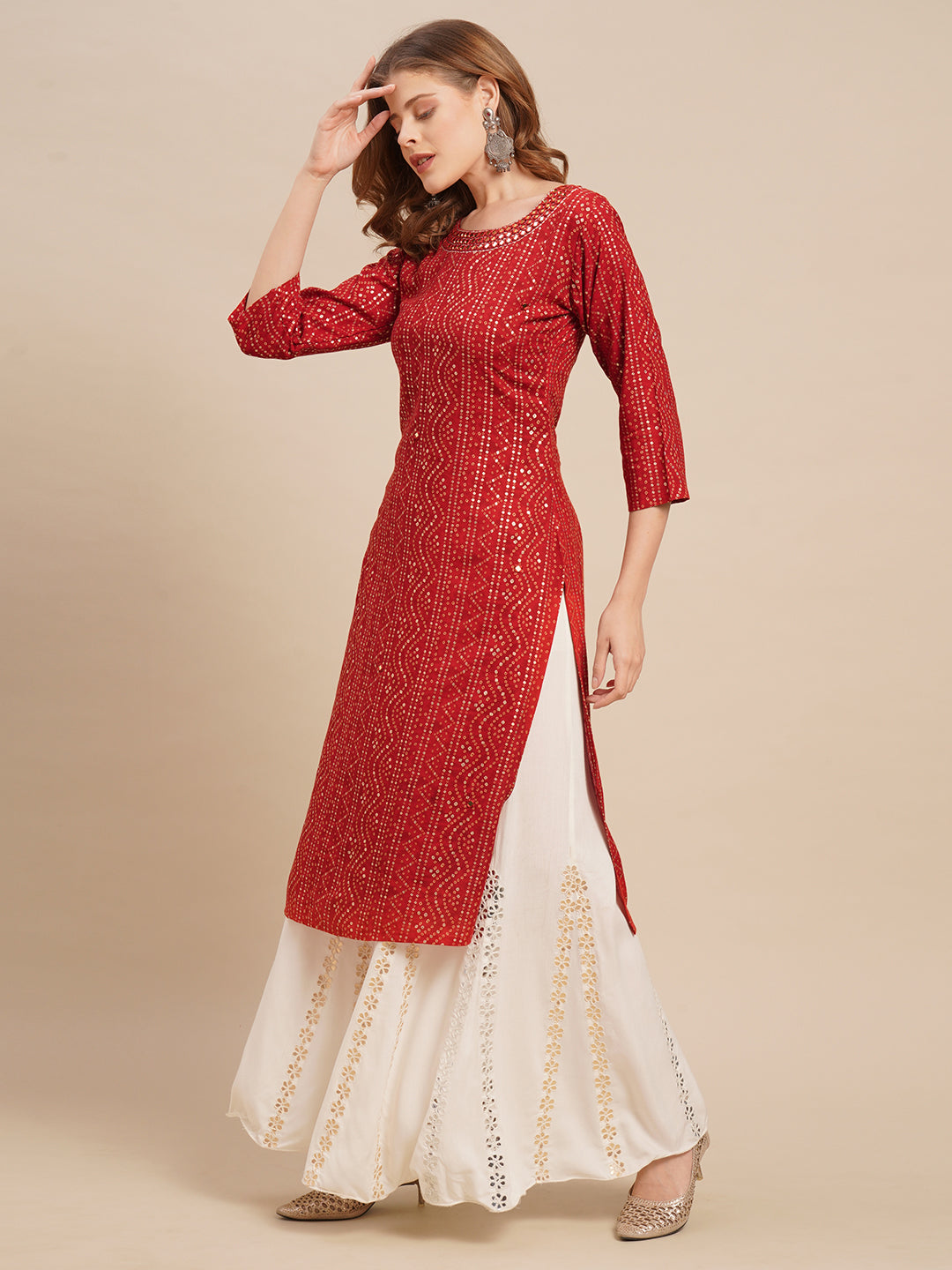 Bandhani Printed & Mirror Embroidered Straight Fit Kurta - Red