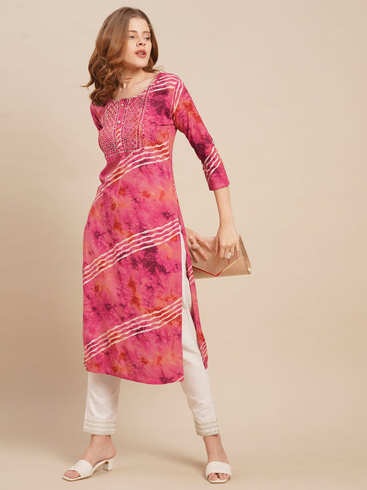 Mirror Embroidered & Leheriya Printed Straight Fit Kurta - Magenta Pink