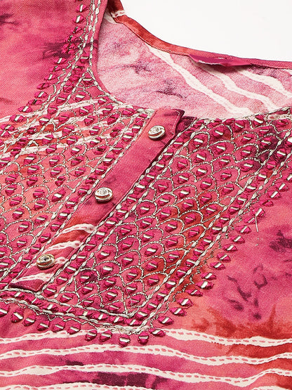 Mirror Embroidered & Leheriya Printed Straight Fit Kurta - Magenta Pink