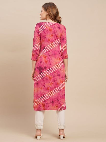 Mirror Embroidered & Leheriya Printed Straight Fit Kurta - Magenta Pink