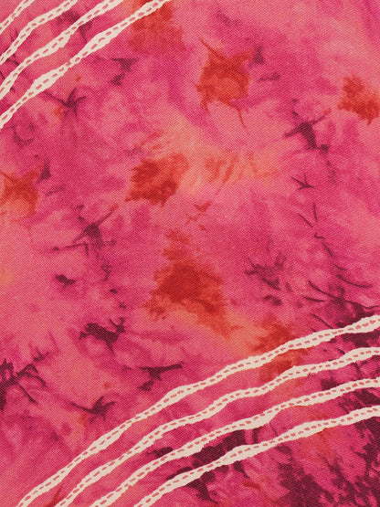 Mirror Embroidered & Leheriya Printed Straight Fit Kurta - Magenta Pink