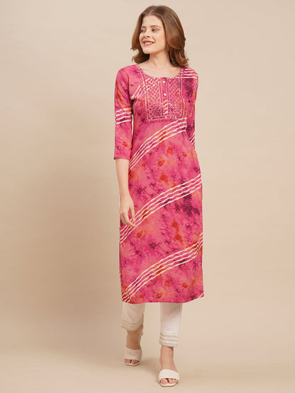 Mirror Embroidered & Leheriya Printed Straight Fit Kurta - Magenta Pink