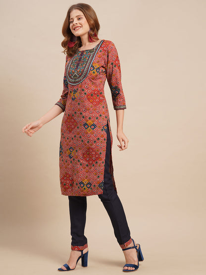 Zari Embroidered & Ethnic Printed Straight Kurta with Pants - Punch Pink