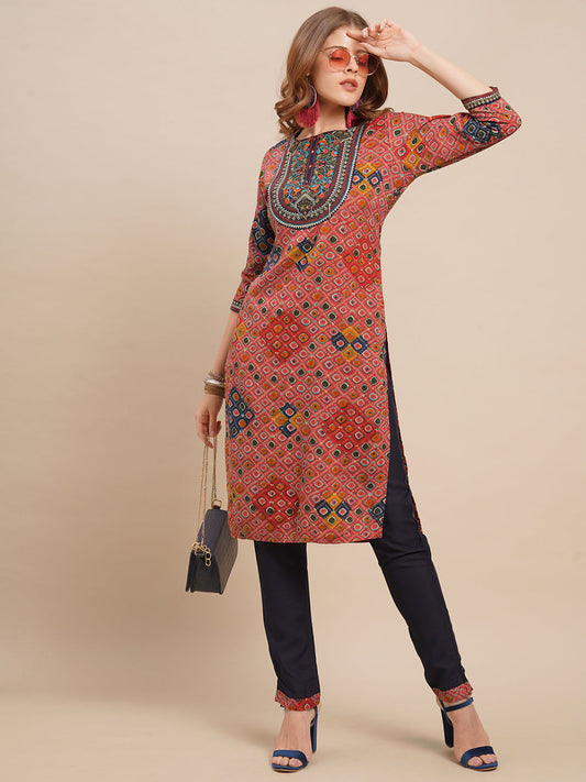 Zari Embroidered & Ethnic Printed Straight Kurta with Pants - Punch Pink