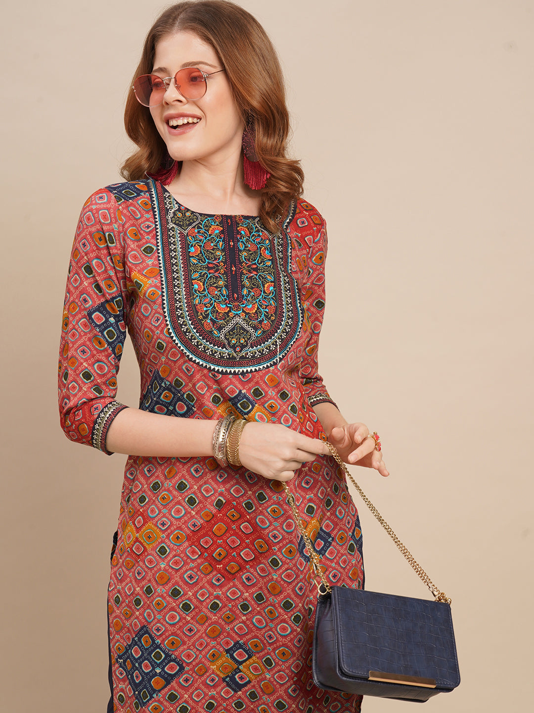 Zari Embroidered & Ethnic Printed Straight Kurta with Pants - Punch Pink