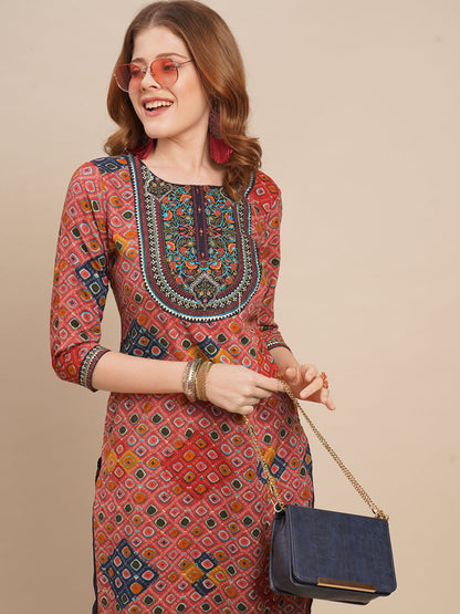 Zari Embroidered & Ethnic Printed Straight Kurta with Pants - Punch Pink