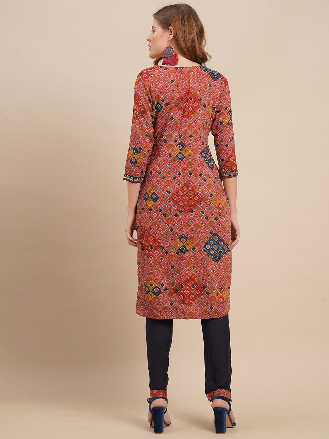 Zari Embroidered & Ethnic Printed Straight Kurta with Pants - Punch Pink