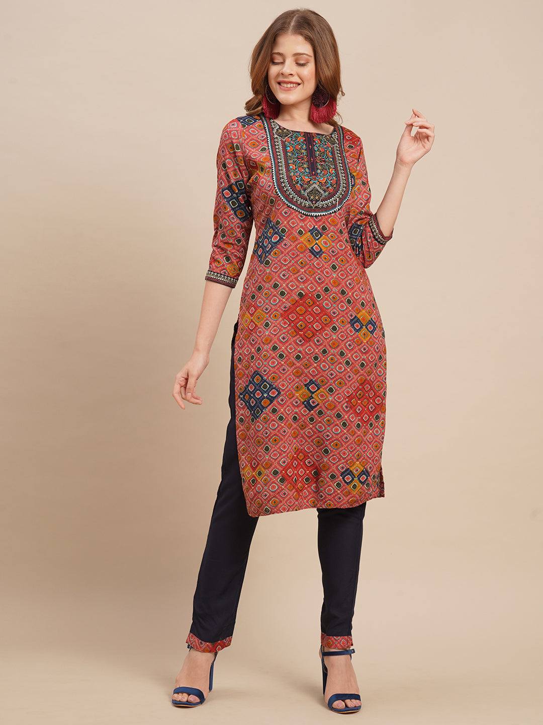 Zari Embroidered & Ethnic Printed Straight Kurta with Pants - Punch Pink