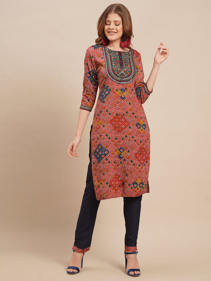 Zari Embroidered & Ethnic Printed Straight Kurta with Pants - Punch Pink