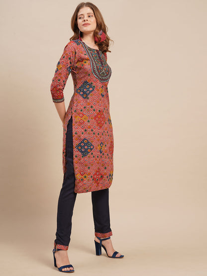 Zari Embroidered & Ethnic Printed Straight Kurta with Pants - Punch Pink