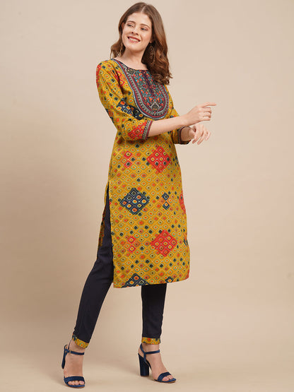 Zari Embroidered & Ethnic Printed Straight Kurta with Pants - Mustard