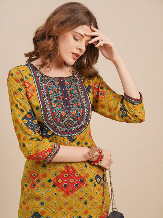 Zari Embroidered & Ethnic Printed Straight Kurta with Pants - Mustard